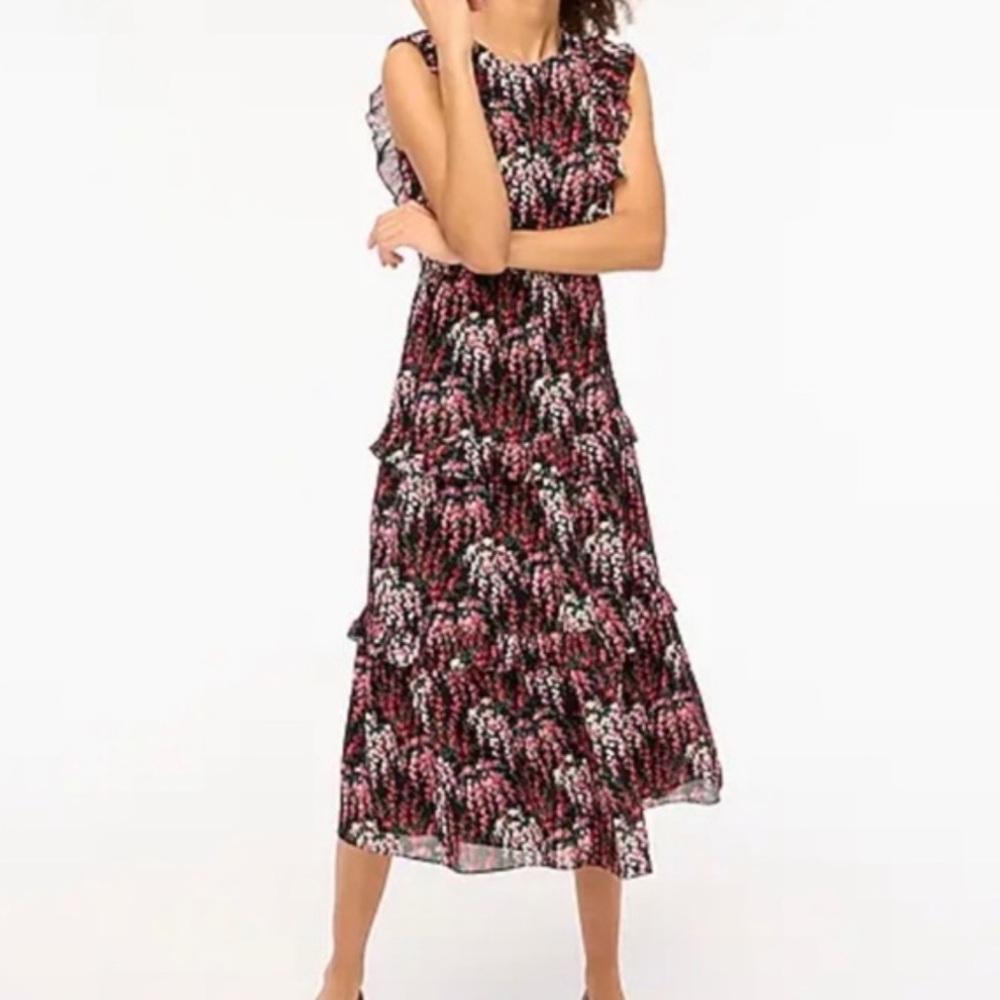 J. Crew Factory floral ruffle tiered red, pink, and black midi dress, size 12